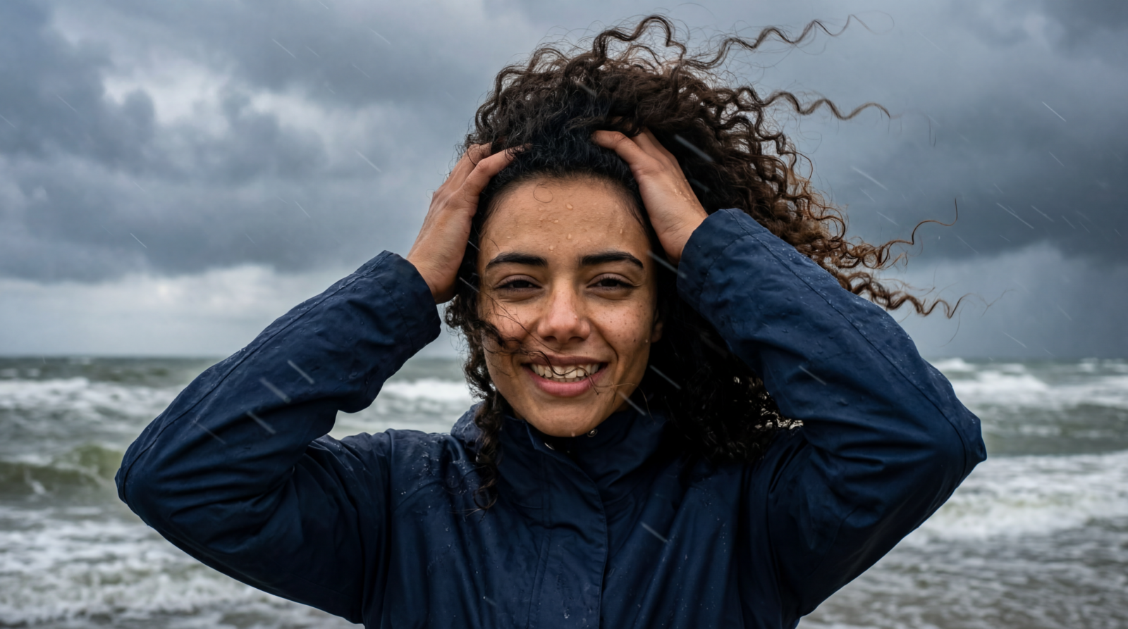 Vrouw op een strand tijdens een storm.