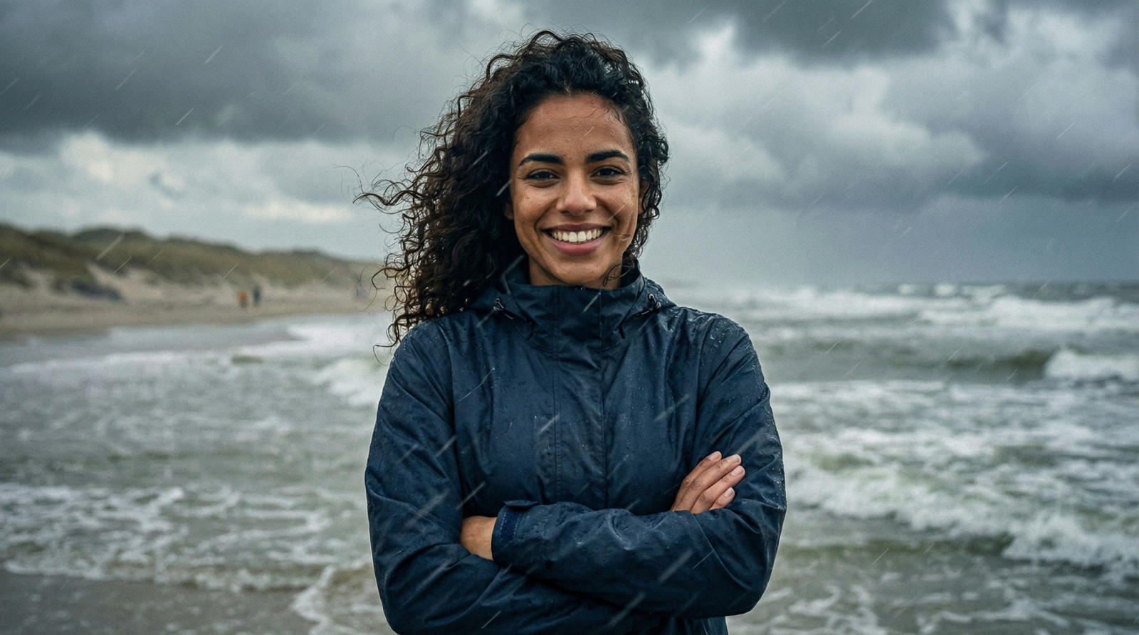 Vrouw op een strand tijdens een storm.