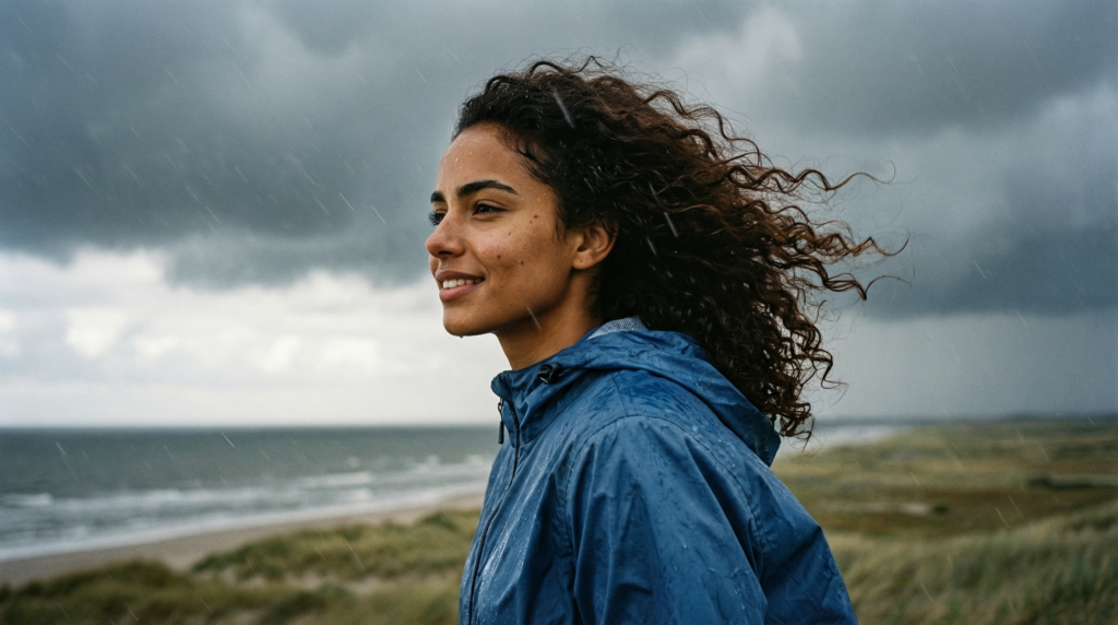 Vrouw op een strand tijdens een storm, met wind in de haren.